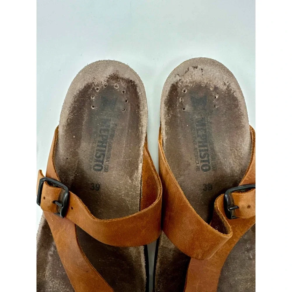 Mephisto Helen Plus Sandals Womens Size 9 EU 39 Camel Leather Wide Toe Loop Cork